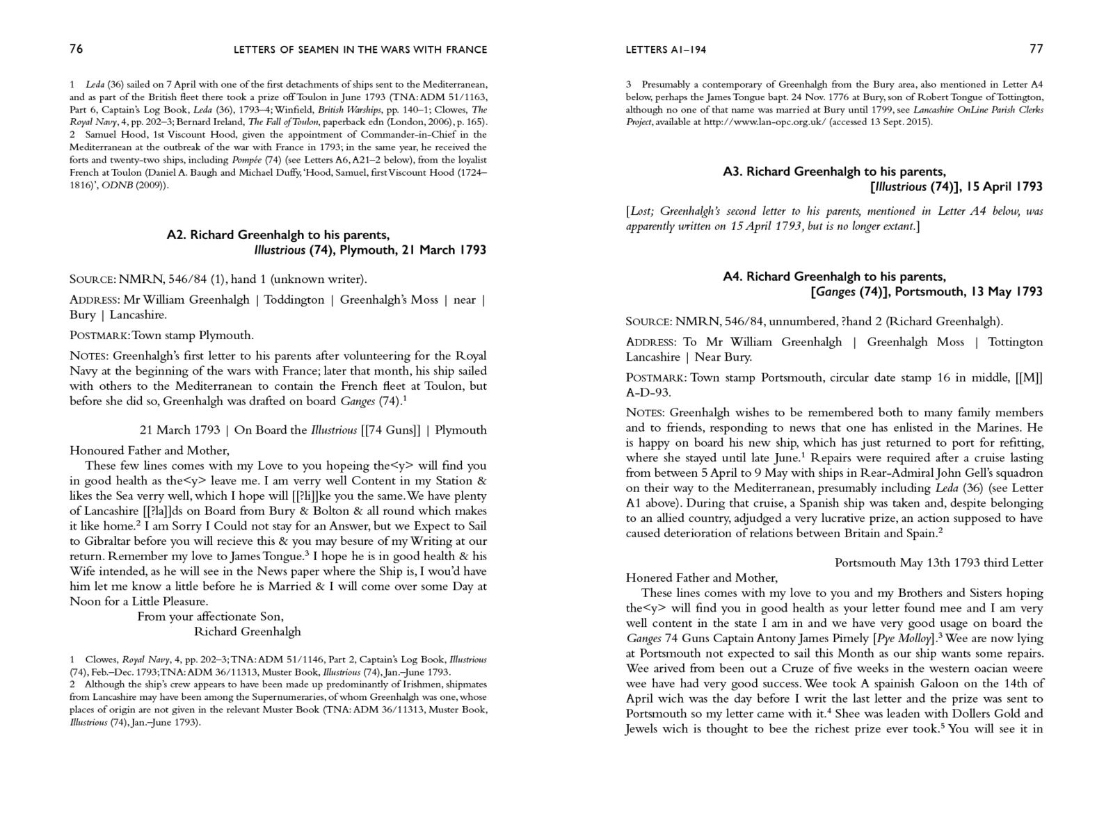 Sample spread from Letters of Seamen in the Wars with France, 1793–1815