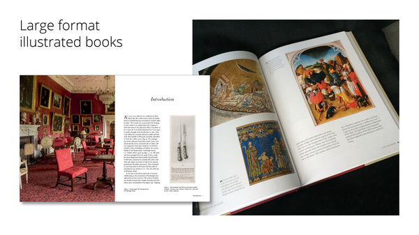 Large format illustrated books, showing one spread each from two recent full-colour projects