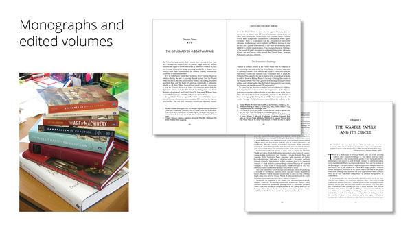 Monographs and edited volumes, showing a photo of a pile of academic books that BBR has produced, plus one spread each from two recent monographs