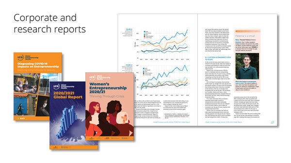 Corporate and research reports, showing the front covers of three recent reports produced for the Global Entrepreneurship Monitor (GEM), and a spread from their _Global Report_ showing charts, a sidebar, and columned text