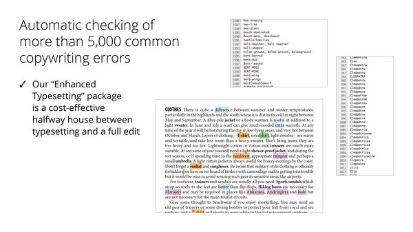 Automatic checking of more than 5,000 common copywriting errors: our “Enhanced Typesetting” package is a cost-effective halfway house between typesetting and a full edit. The image also shows screenshots from three different automated checking processes